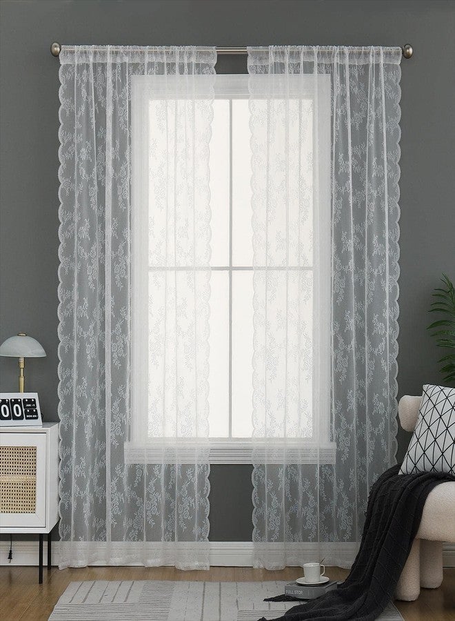 Beruyu White Lace Curtains 78 Inches Long - Floral Embroidered Lace Sheer Curtains for Living Room Bedroom Kitchen, Rod Pocket Window Voile Curtains with Curtain Tiebacks, 2 Panels (59" W X 78" L) - Image 1